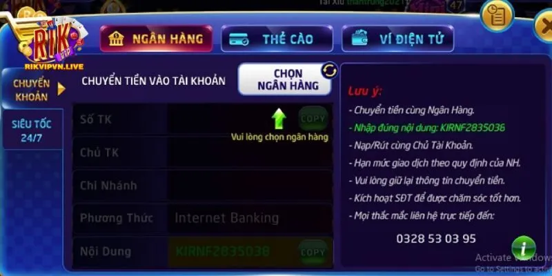 Thực hiện các bước hướng dẫn nạp tiền Rikvip chi tiết